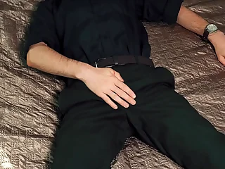 Young taking man Noel Dero masturbates on the wainscot in a beautiful suit and brings himself to orgasm